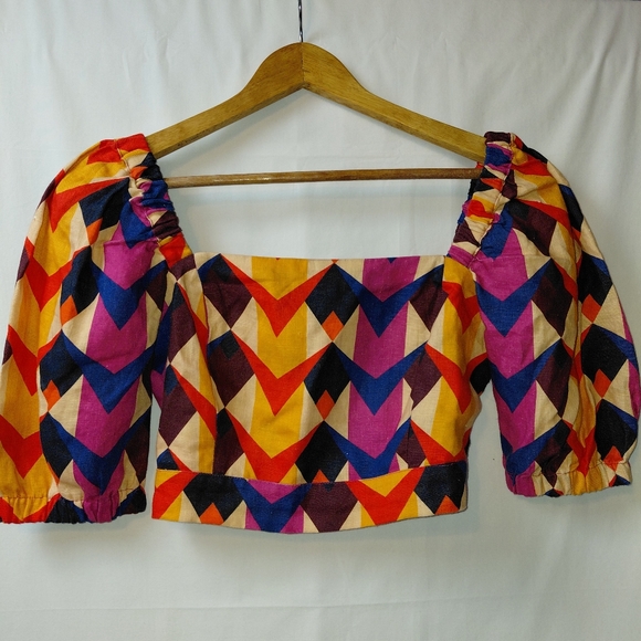 FARM Rio Tops - FARM Rio Multicolor Geometric Puff Sleeve Crop Top - Yellow, Pink, Blue, Red